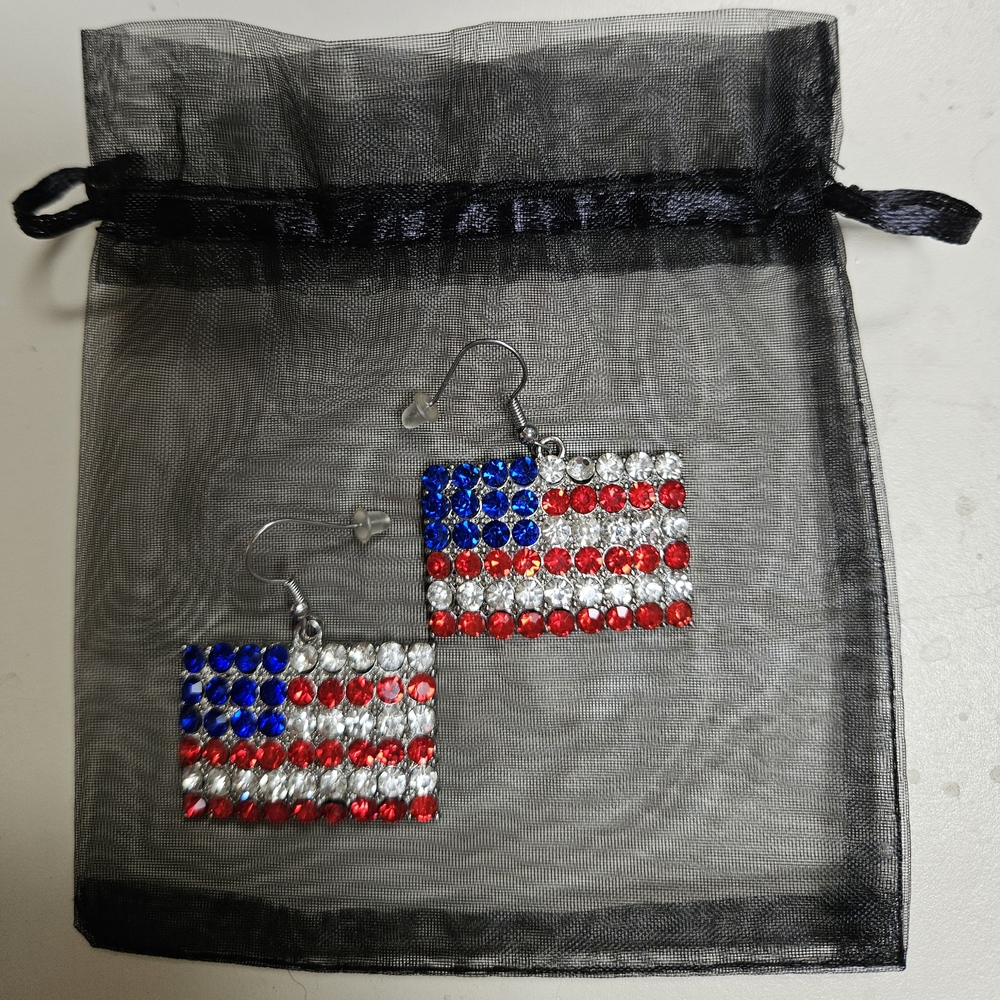 NWOT American Flag Rhinestone Pierced Earrings W/Gift Bag, Big & Beautiful